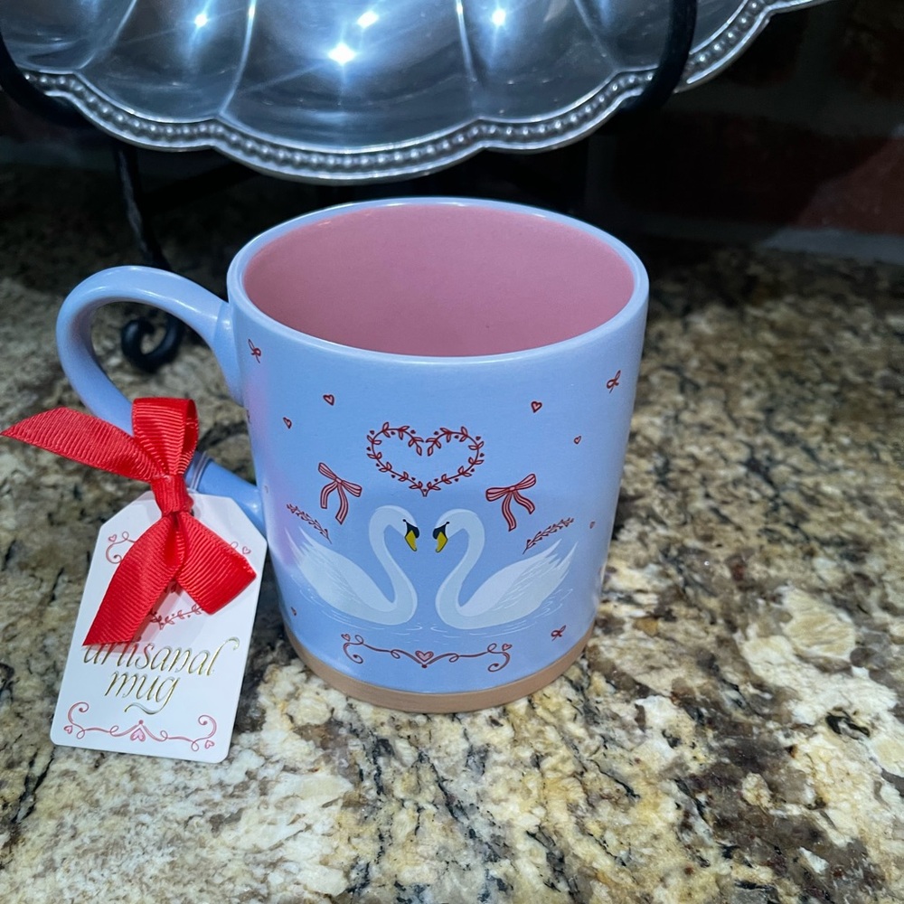 Sunday Morning ceramics artisanal mug - blue hearts swans bows coffee mug - NEW!